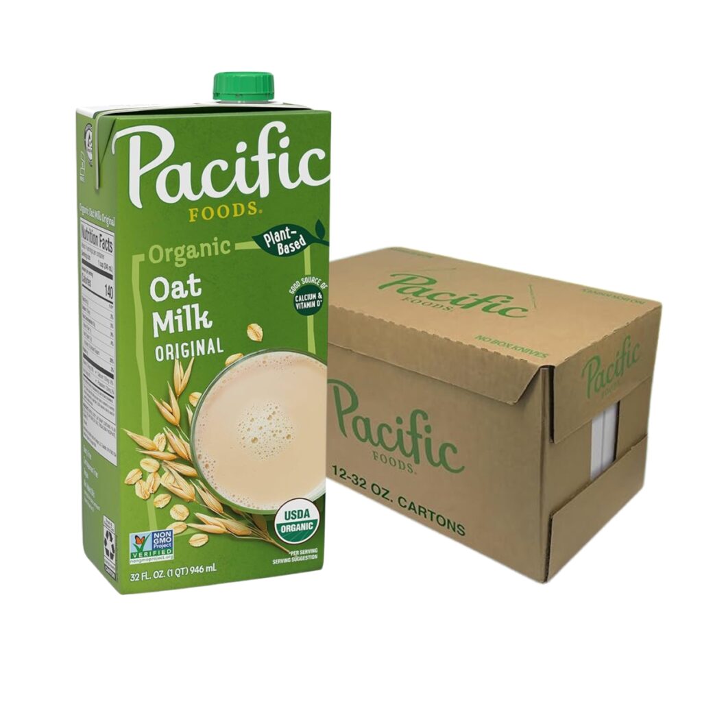 Bebida de avena Pacific Foods con azúcar en envase de 946 ml, ideal para café, cereales y recetas vegetales.