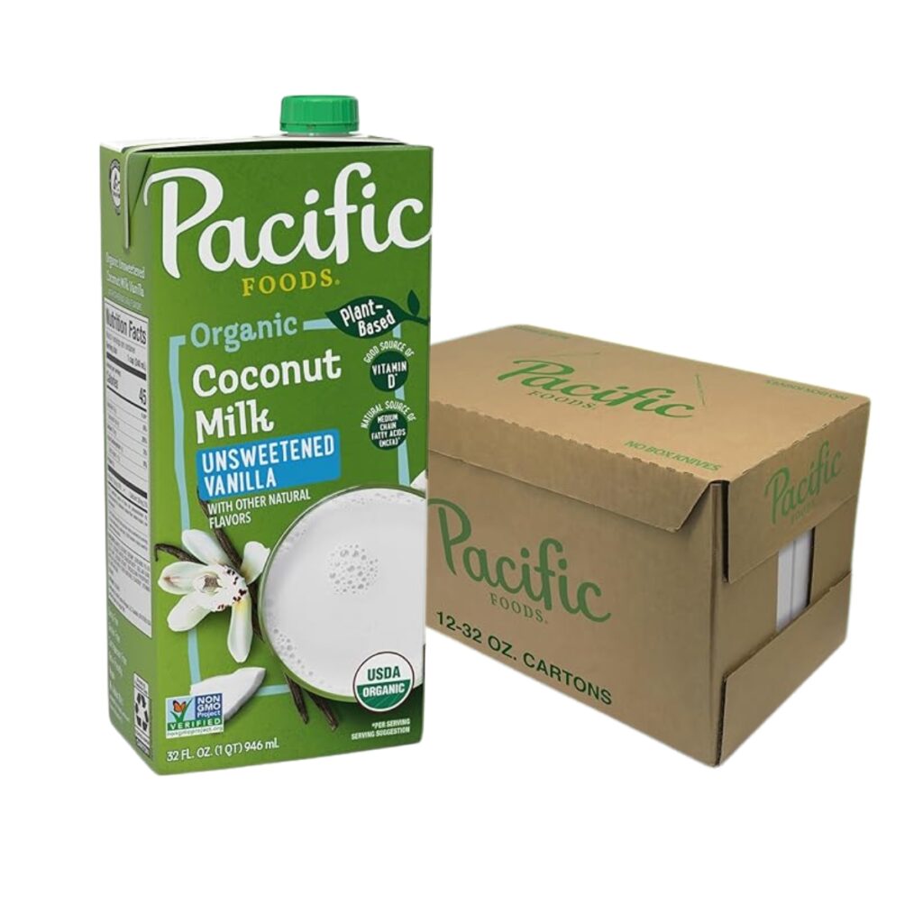 Bebida de coco con vainilla sin azúcar Pacific Foods, en envase de 946 ml, perfecta para smoothies, postres y recetas veganas.